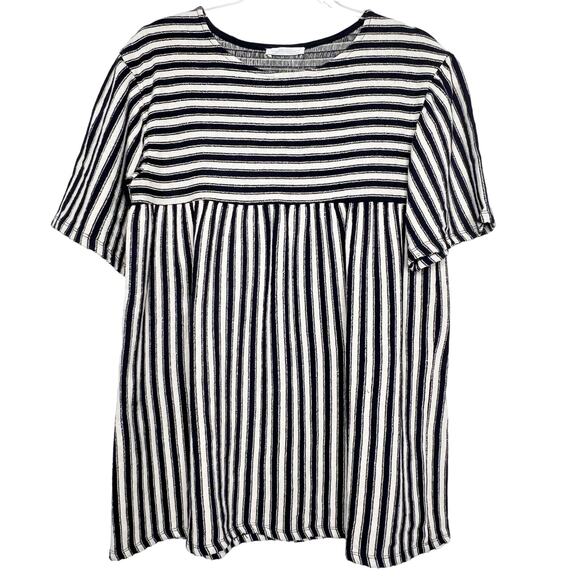 Zara Tops - ZARA Trafaluc Striped Babydoll Top Crew Neck Short Sleeve Blue White Size Small